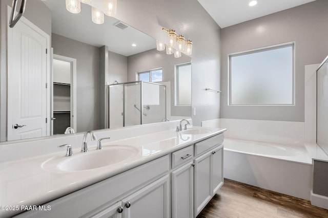 5385 Rocky Vista Dr, Prescott, AZ 86301 - full bath featuring wood finished floors, a stall shower, double vanity, a garden tub, and recessed lighting