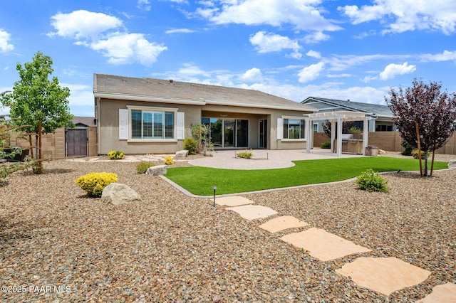 5385 Rocky Vista Dr, Prescott, AZ 86301 - rear view of property featuring a pergola, stucco siding, a gate, and a patio area