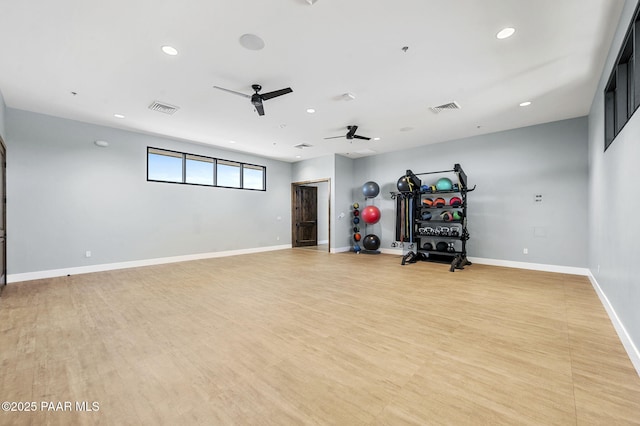 5385 Rocky Vista Dr, Prescott, AZ 86301 - workout room featuring a ceiling fan, recessed lighting, and light wood-type flooring