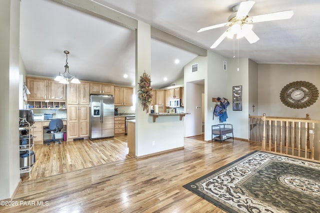 2345 Shinnery Ln, Prescott, AZ 86301 - kitchen featuring stainless steel fridge with ice dispenser, ceiling fan, light wood-type flooring, a kitchen breakfast bar, and recessed lighting