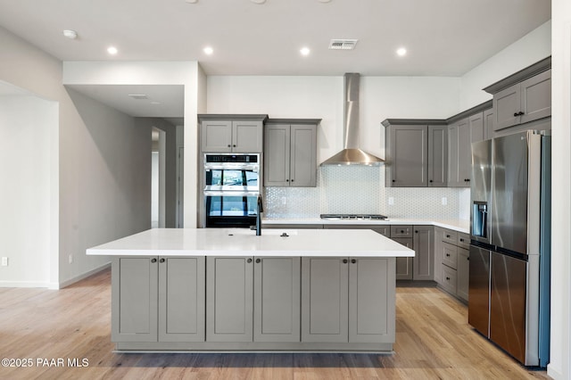 kitchen featuring stainless steel appliances, visible vents, wall chimney exhaust hood, an island with sink, and gray cabinetry