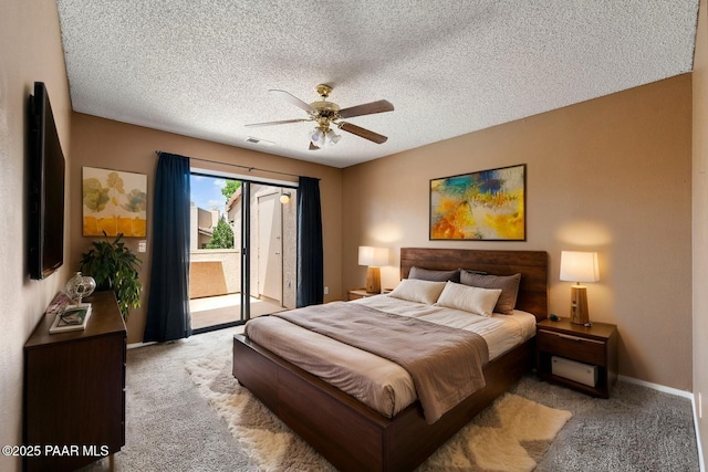 2180 Resort Way Unit S B, Prescott, AZ 86305 - bedroom with access to exterior, light colored carpet, baseboards, a textured ceiling, and a ceiling fan