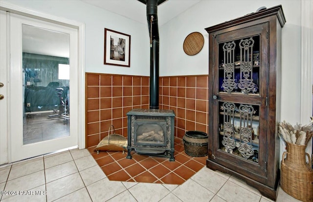 interior details featuring a wood stove