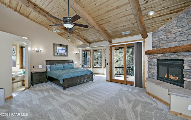 unfurnished bedroom featuring light carpet, access to outside, ceiling fan, wooden ceiling, and beam ceiling