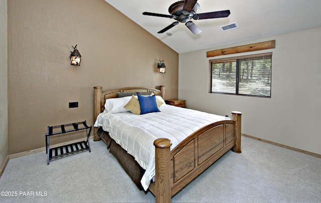 bedroom featuring ceiling fan, light carpet, and lofted ceiling