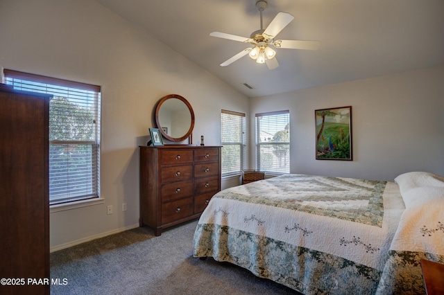 bedroom featuring visible vents, baseboards, a ceiling fan, carpet, and vaulted ceiling