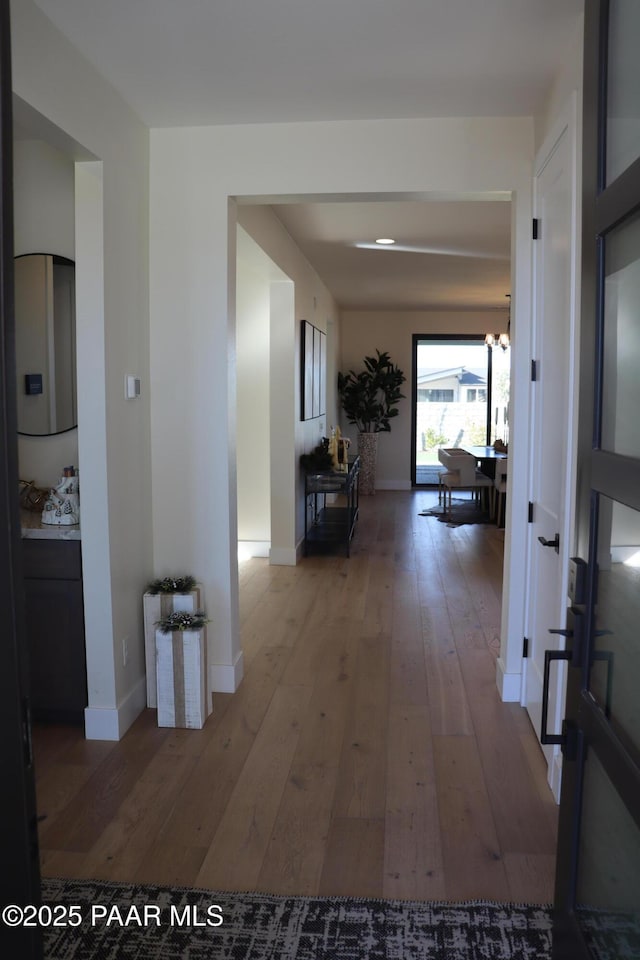 hallway with a chandelier and hardwood / wood-style flooring