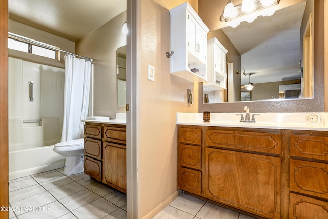 1086 N Broken Wagon Trl, Dewey-Humboldt, AZ 86327 - bathroom with vanity, tile patterned floors, shower / bath combo with shower curtain, toilet, and ceiling fan