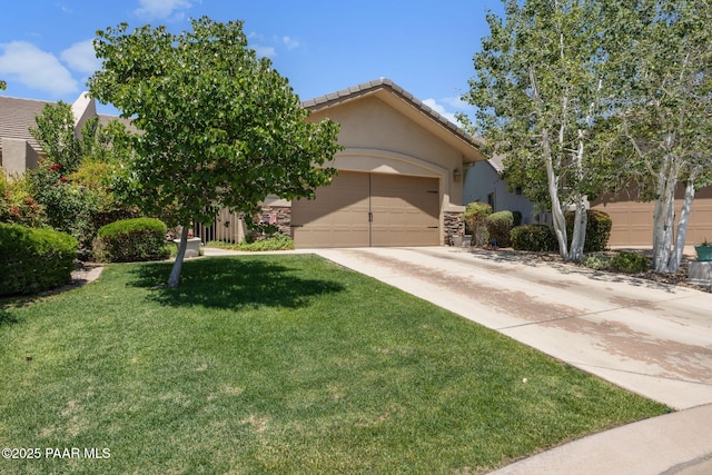 1222 Crown Ridge Dr, Prescott, AZ 86301 - obstructed view of property featuring concrete driveway, an attached garage, stucco siding, and a front lawn