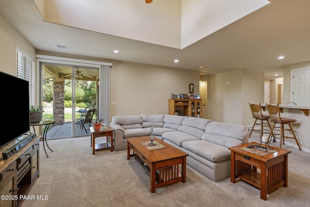 1222 Crown Ridge Dr, Prescott, AZ 86301 - living area featuring light carpet, recessed lighting, and ceiling fan