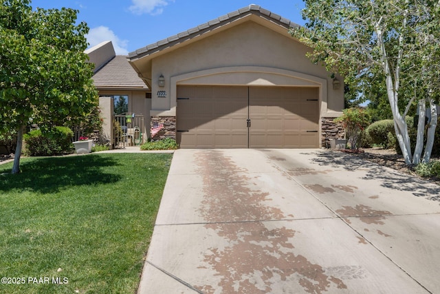 1222 Crown Ridge Dr, Prescott, AZ 86301 - view of front facade featuring stone siding, a front yard, concrete driveway, an attached garage, and stucco siding