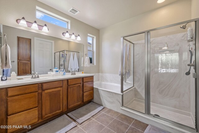 1222 Crown Ridge Dr, Prescott, AZ 86301 - bathroom featuring a bath, double vanity, a marble finish shower, and tile patterned flooring