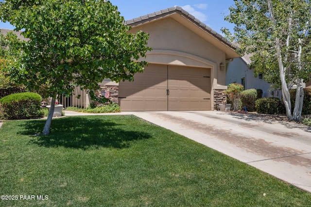 1222 Crown Ridge Dr, Prescott, AZ 86301 - view of front of home featuring stone siding, concrete driveway, a front yard, an attached garage, and stucco siding