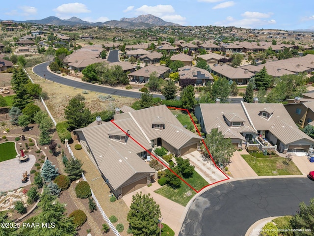 1222 Crown Ridge Dr, Prescott, AZ 86301 - aerial perspective of suburban area featuring property boundaries highlighted and a mountainous background