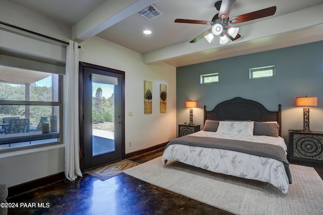 bedroom featuring beam ceiling, multiple windows, ceiling fan, and access to exterior