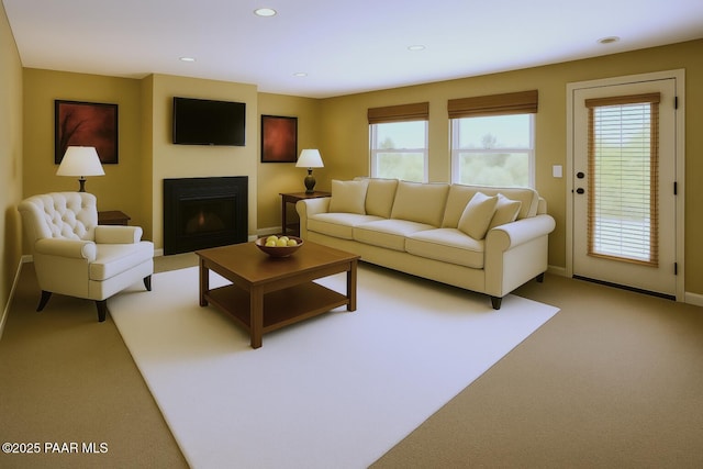 1005 N Rolling Green Rd, Dewey-Humboldt, AZ 86327 - living area featuring a lit fireplace, light colored carpet, plenty of natural light, and recessed lighting