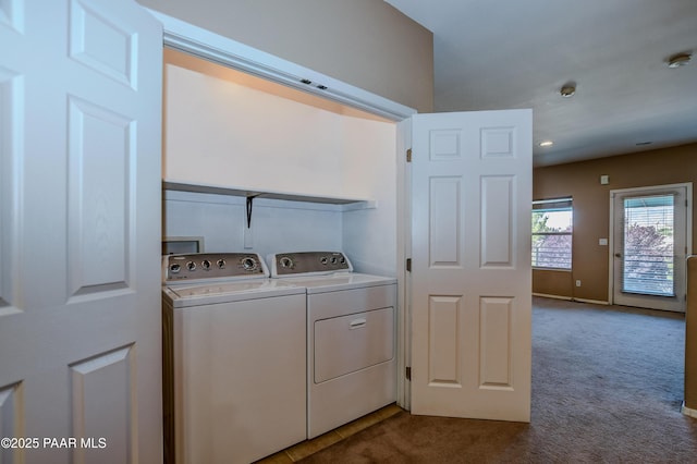 1005 N Rolling Green Rd, Dewey-Humboldt, AZ 86327 - laundry room with washing machine and dryer, dark carpet, and recessed lighting