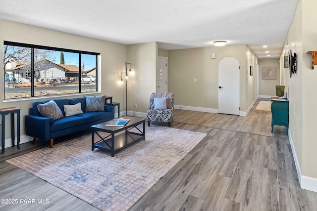 living room featuring light hardwood / wood-style floors and a textured ceiling