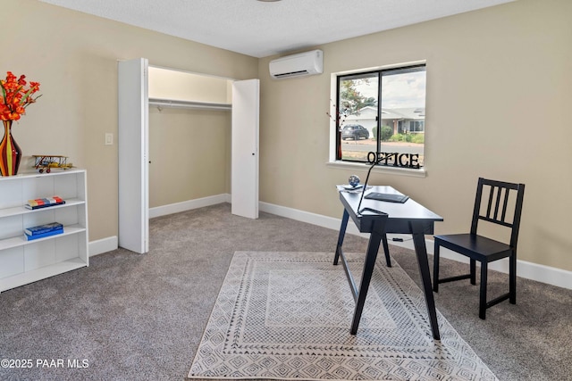 carpeted office with a textured ceiling and an AC wall unit