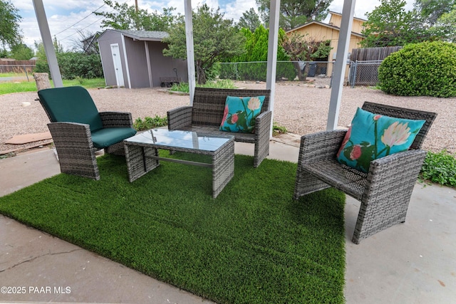 view of yard featuring a patio and a shed