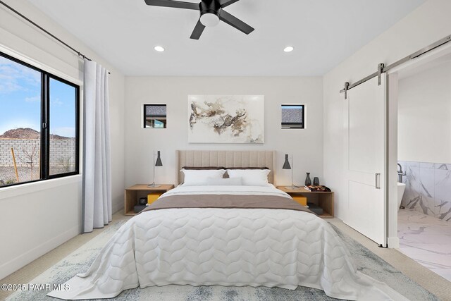 4655 E Alma Ln, Prescott Valley, AZ 86314 - bedroom featuring a barn door, recessed lighting, and a ceiling fan