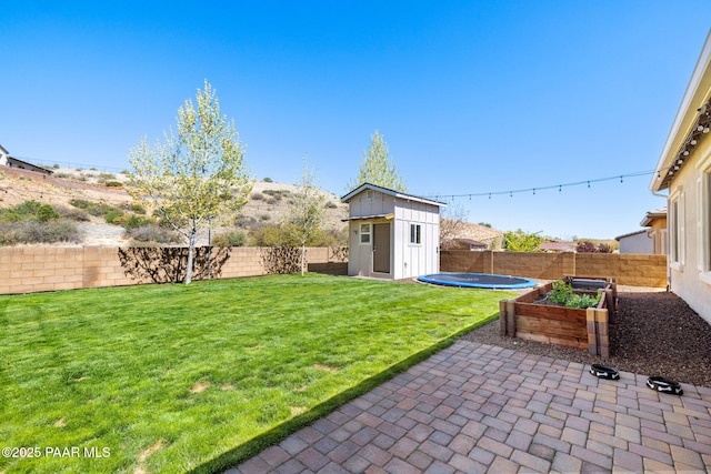 view of yard with a patio, a fenced backyard, a shed, and an outbuilding