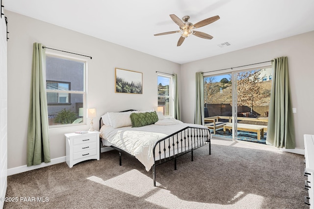 carpeted bedroom featuring baseboards, a ceiling fan, access to exterior, and visible vents