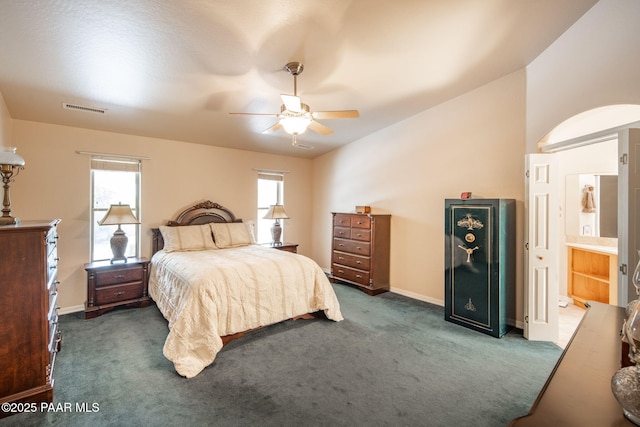 bedroom featuring visible vents, baseboards, ceiling fan, and carpet flooring