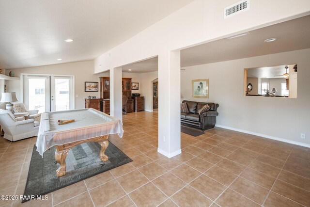 playroom with light tile patterned floors, baseboards, visible vents, recessed lighting, and vaulted ceiling