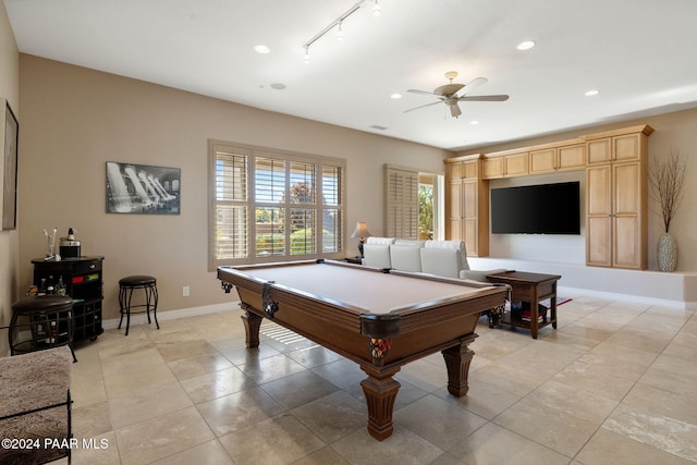 game room with ceiling fan, light tile patterned flooring, and billiards