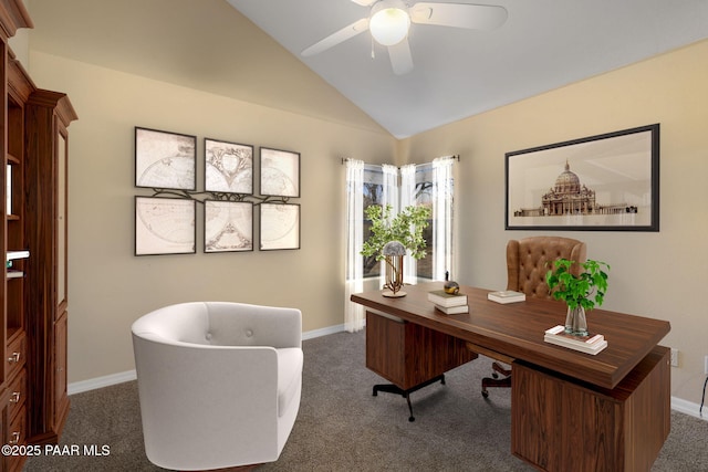 carpeted home office featuring ceiling fan and lofted ceiling