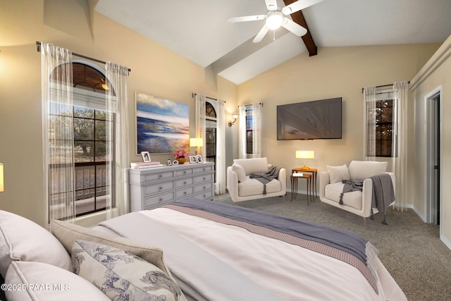 carpeted bedroom featuring lofted ceiling with beams and ceiling fan