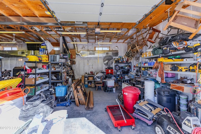 garage with a workshop area