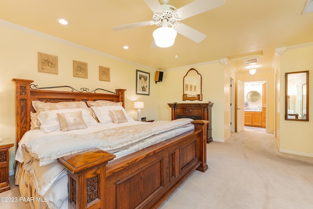 bedroom featuring light carpet, ceiling fan, and crown molding