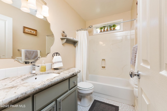 full bathroom with tile patterned flooring, vanity, toilet, and shower / bathtub combination with curtain