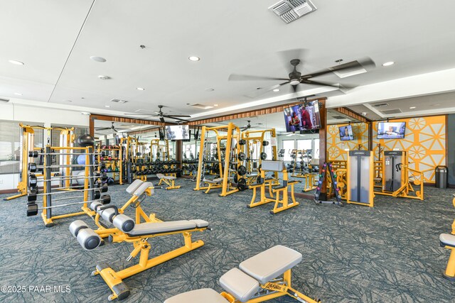3824 N Wakefield Dr, Prescott Valley, AZ 86314 - exercise room featuring carpet, ceiling fan, and recessed lighting