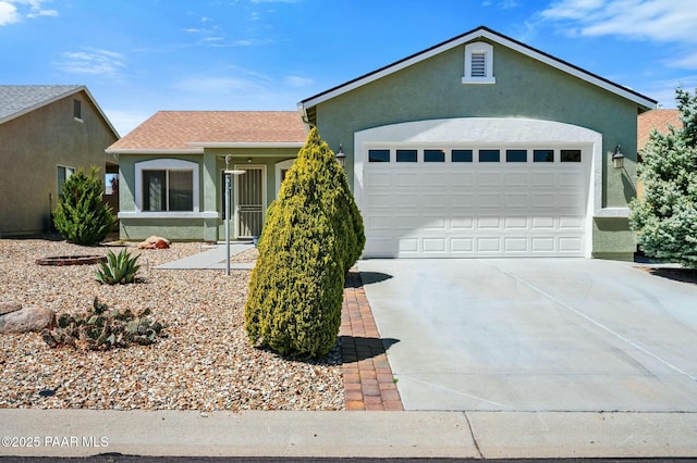 3824 N Wakefield Dr, Prescott Valley, AZ 86314 - ranch-style house featuring stucco siding, driveway, a garage, and a shingled roof