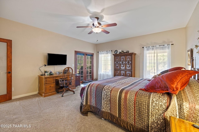 9520 Poland Rd, Mayer, AZ 86333 - bedroom featuring light carpet, multiple windows, french doors, and ceiling fan