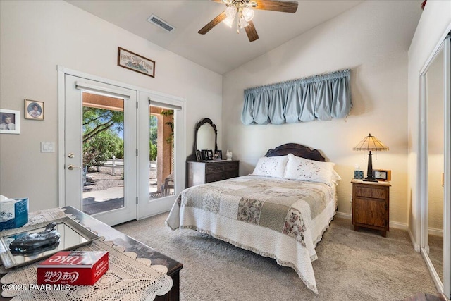 977 Kristin St, Chino Valley, AZ 86323 - bedroom featuring vaulted ceiling, access to outside, light colored carpet, and a ceiling fan