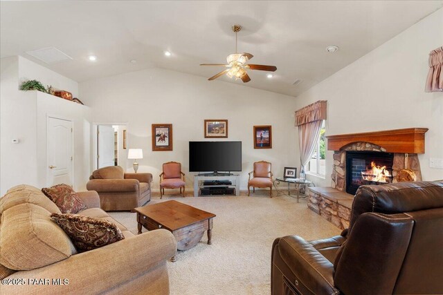 977 Kristin St, Chino Valley, AZ 86323 - living room featuring ceiling fan, a fireplace, carpet floors, lofted ceiling, and recessed lighting
