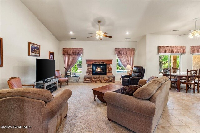 977 Kristin St, Chino Valley, AZ 86323 - living room with ceiling fan, plenty of natural light, a stone fireplace, and recessed lighting