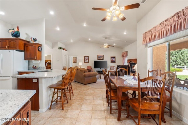 977 Kristin St, Chino Valley, AZ 86323 - dining area featuring ceiling fan, recessed lighting, light tile patterned floors, and high vaulted ceiling