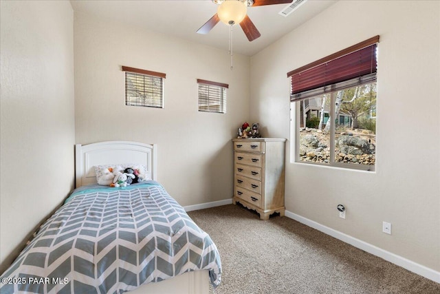 bedroom with a ceiling fan, baseboards, carpet, and visible vents