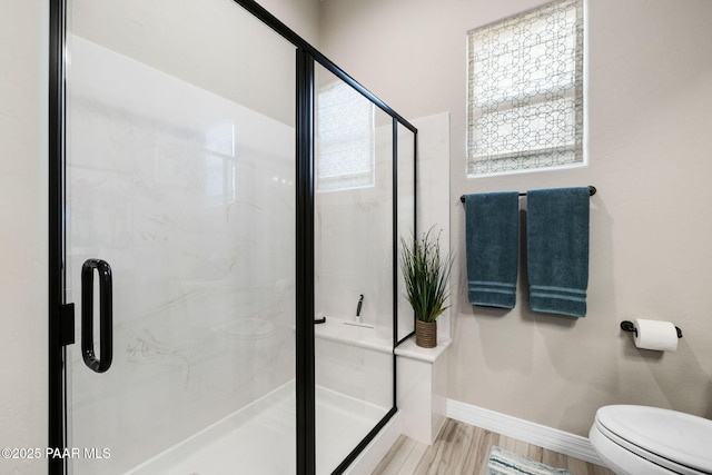 5242 High Cliff Way, Prescott, AZ 86301 - full bath with toilet, baseboards, a stall shower, and wood finished floors