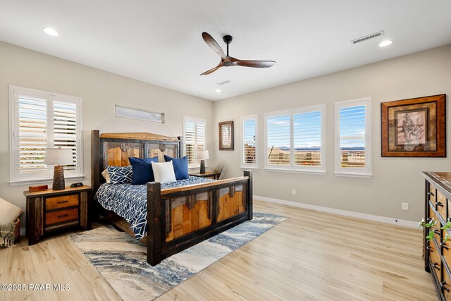 5242 High Cliff Way, Prescott, AZ 86301 - bedroom featuring light wood finished floors, baseboards, recessed lighting, and ceiling fan