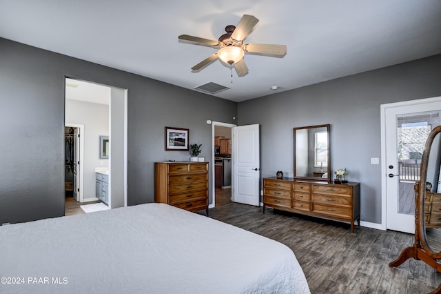 bedroom featuring access to exterior, dark hardwood / wood-style flooring, ensuite bathroom, and ceiling fan