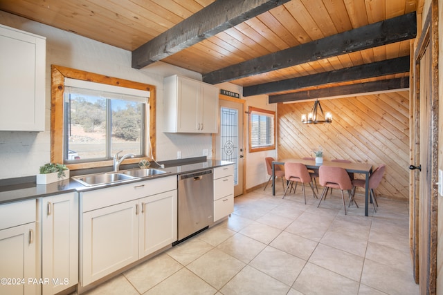 kitchen with dishwasher, sink, hanging light fixtures, wooden walls, and wood ceiling