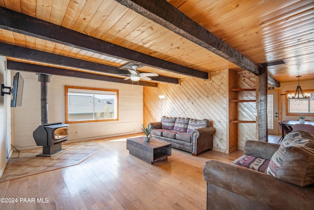 living room with light hardwood / wood-style floors, a wood stove, wooden walls, and wooden ceiling