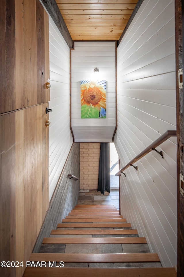 staircase with wood-type flooring, wooden walls, and wood ceiling