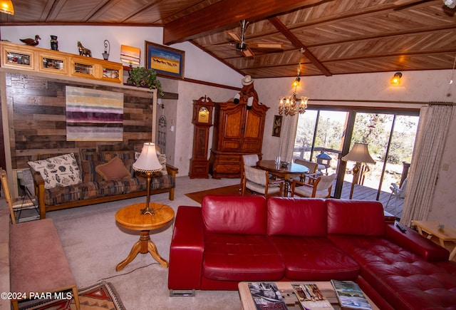 living room with lofted ceiling with beams, carpet, a chandelier, and wooden ceiling